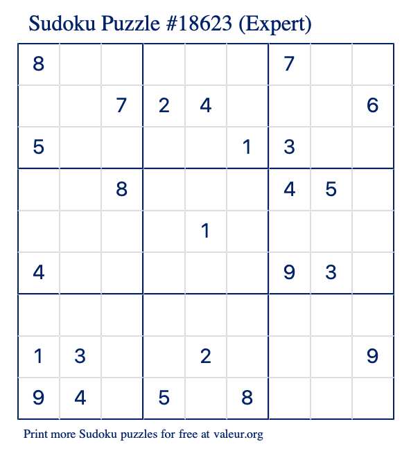 Free Printable Expert Sudoku Puzzle number 18623