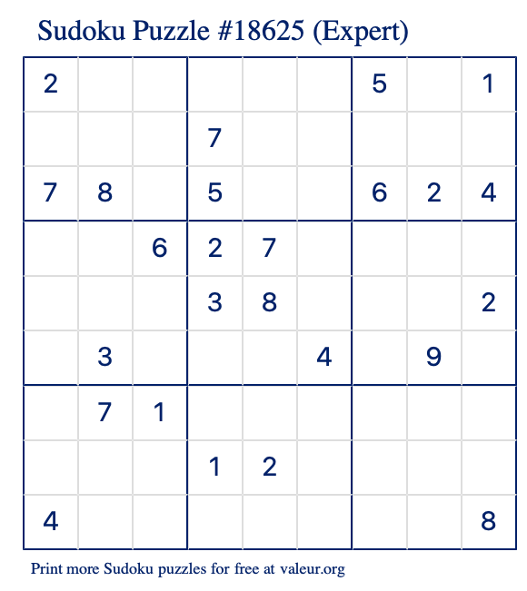 Free Printable Expert Sudoku Puzzle number 18625