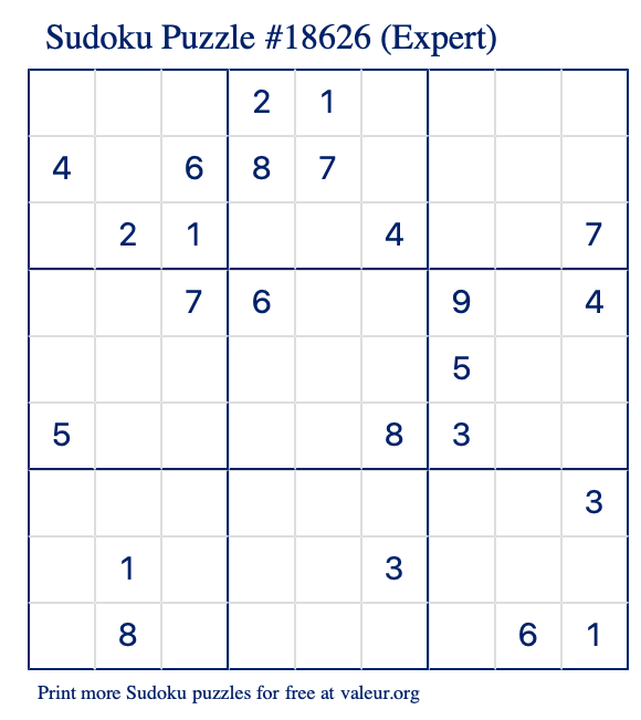 Free Printable Expert Sudoku Puzzle number 18626