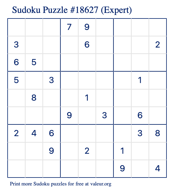 Free Printable Expert Sudoku Puzzle number 18627