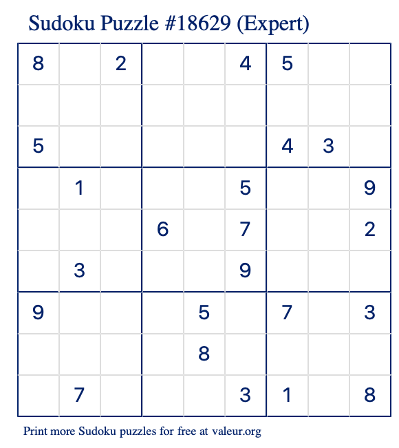 Free Printable Expert Sudoku Puzzle number 18629