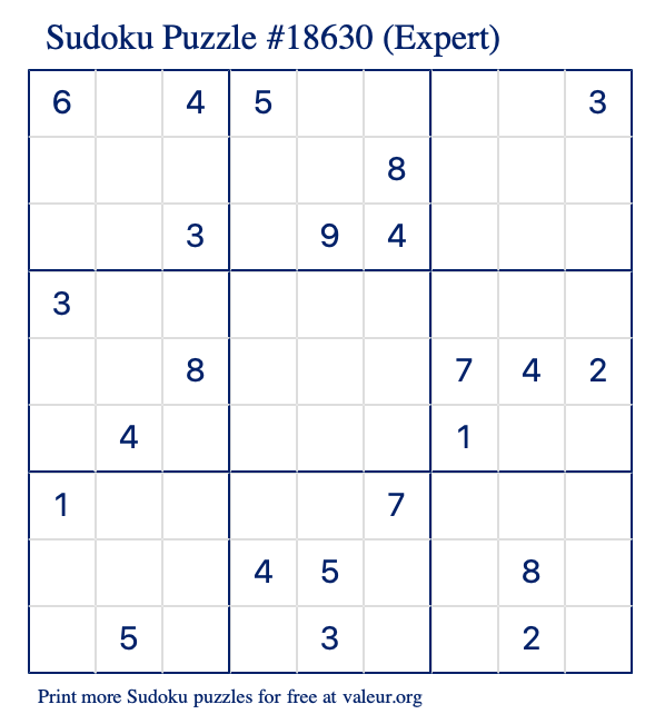 Free Printable Expert Sudoku Puzzle number 18630