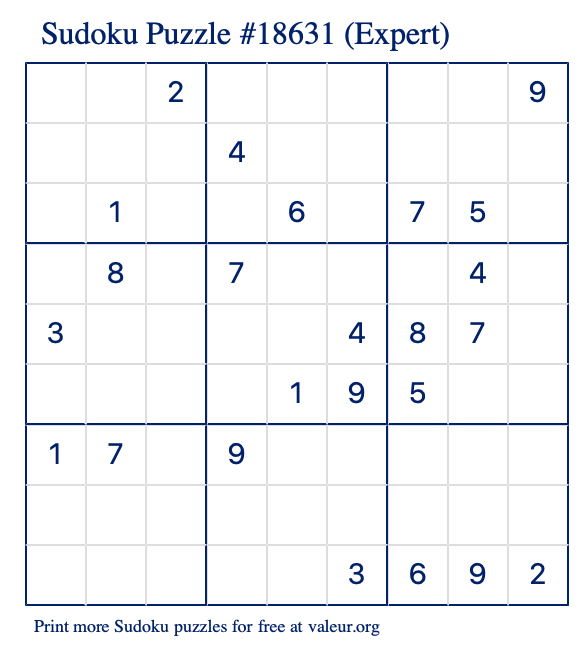 Free Printable Expert Sudoku Puzzle number 18631