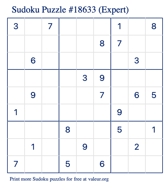 Free Printable Expert Sudoku Puzzle number 18633