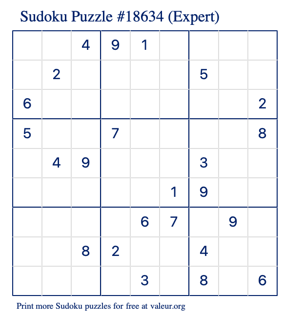 Free Printable Expert Sudoku Puzzle number 18634
