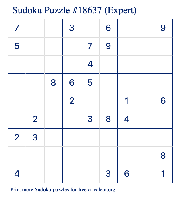 Free Printable Expert Sudoku Puzzle number 18637