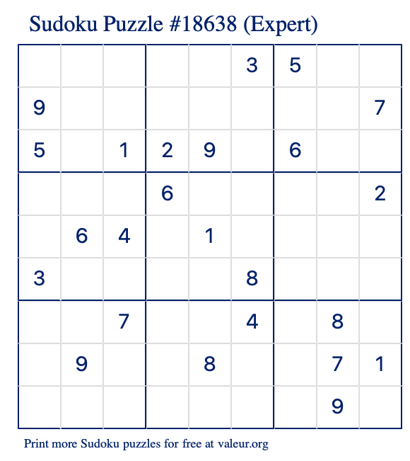 Free Printable Expert Sudoku Puzzle number 18638