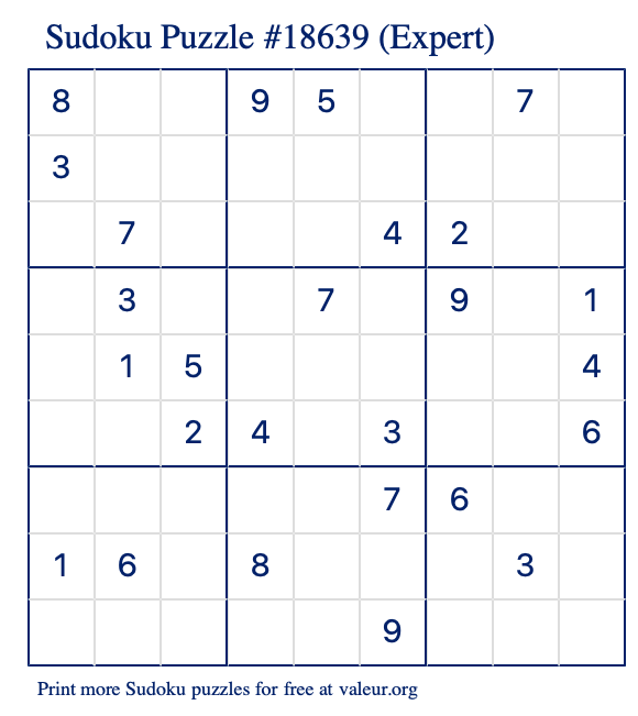 Free Printable Expert Sudoku Puzzle number 18639