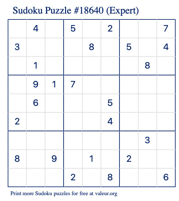 Free Printable Expert Sudoku Puzzle number 18640