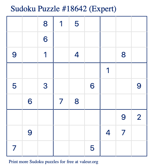 Free Printable Expert Sudoku Puzzle number 18642