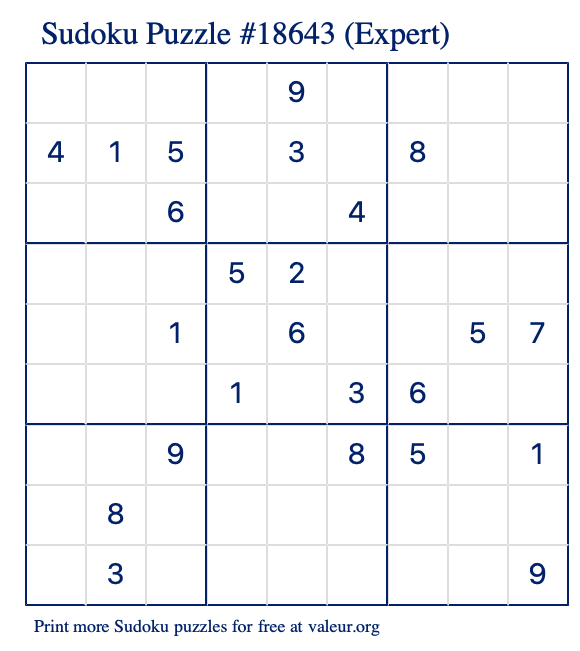 Free Printable Expert Sudoku Puzzle number 18643
