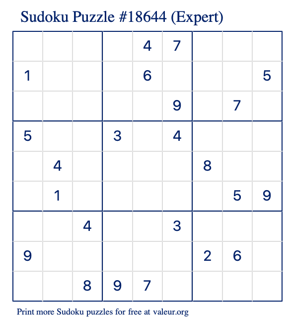 Free Printable Expert Sudoku Puzzle number 18644