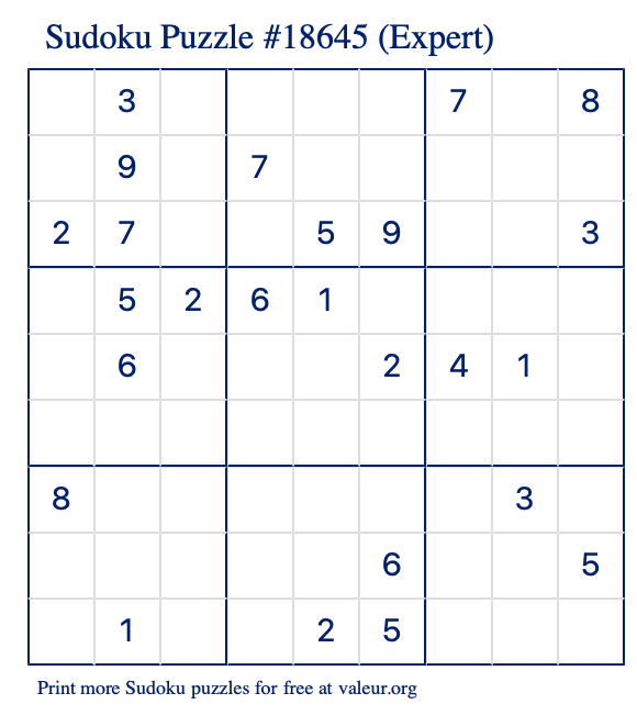 Free Printable Expert Sudoku Puzzle number 18645