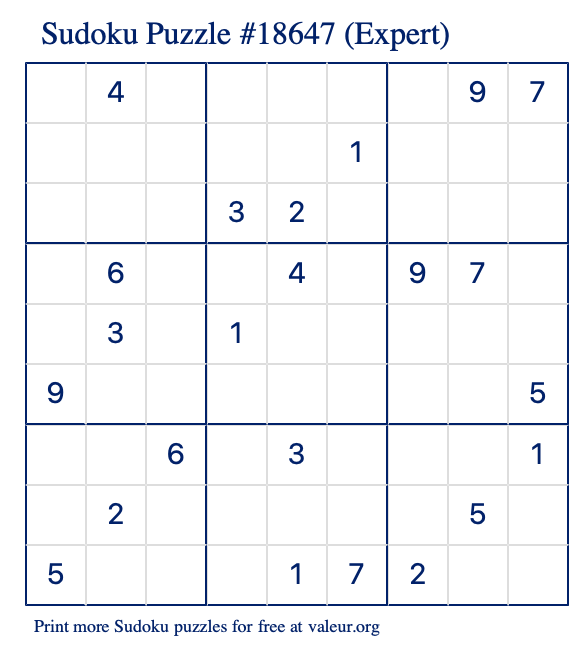 Free Printable Expert Sudoku Puzzle number 18647
