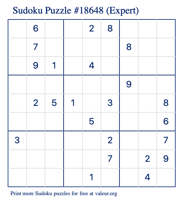 Free Printable Expert Sudoku Puzzle number 18648