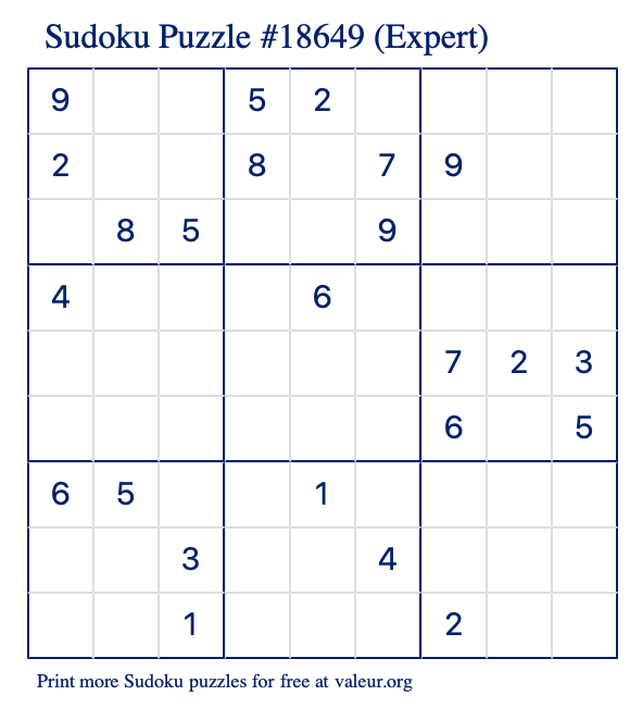 Free Printable Expert Sudoku Puzzle number 18649