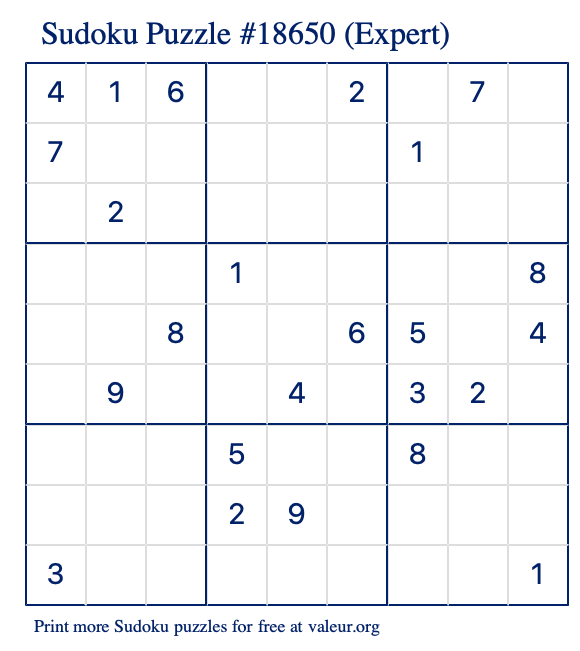 Free Printable Expert Sudoku Puzzle number 18650