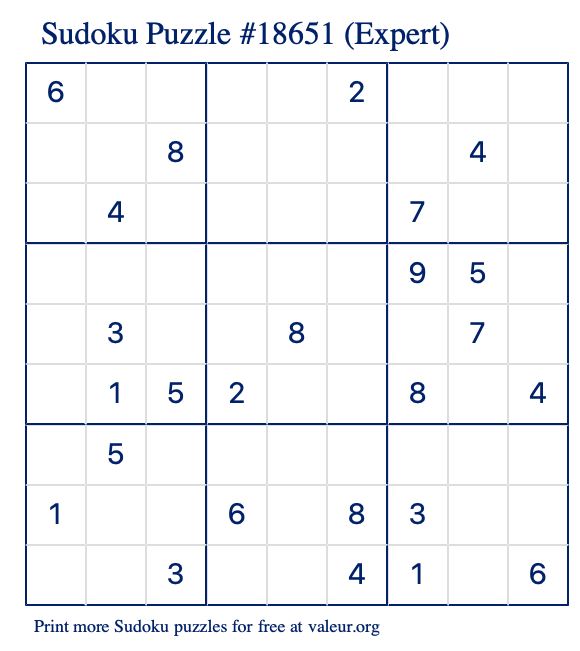 Free Printable Expert Sudoku Puzzle number 18651