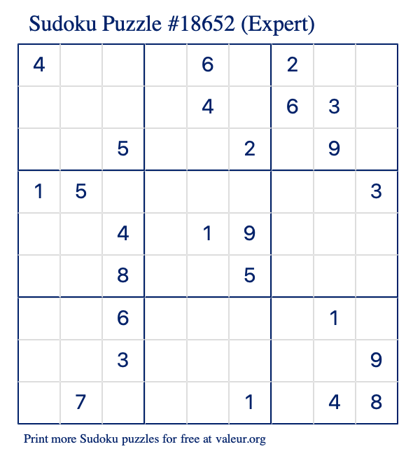 Free Printable Expert Sudoku Puzzle number 18652