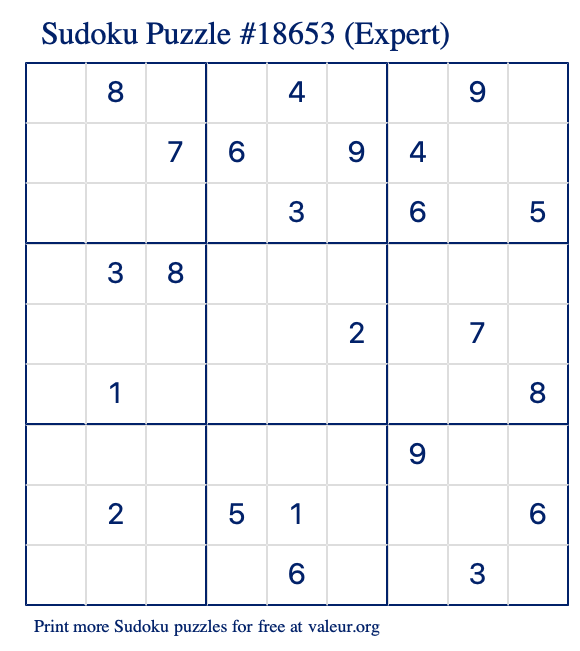 Free Printable Expert Sudoku Puzzle number 18653