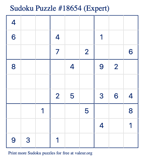 Free Printable Expert Sudoku Puzzle number 18654