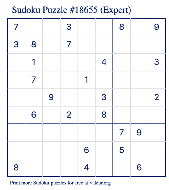 Free Printable Expert Sudoku Puzzle number 18655
