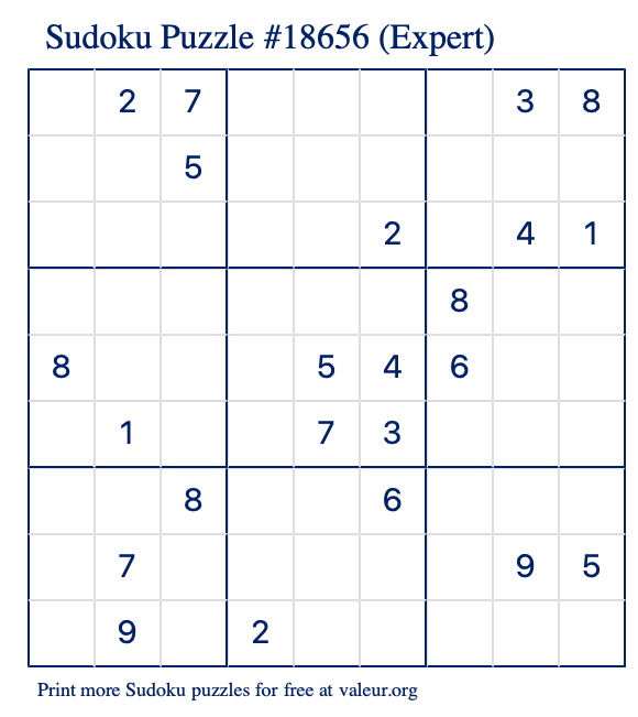 Free Printable Expert Sudoku Puzzle number 18656