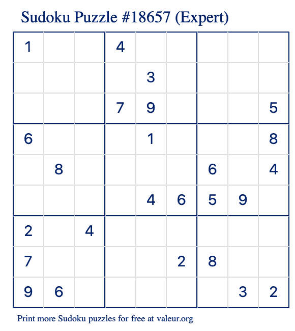 Free Printable Expert Sudoku Puzzle number 18657