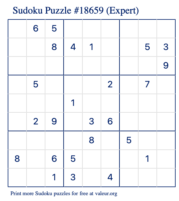 Free Printable Expert Sudoku Puzzle number 18659
