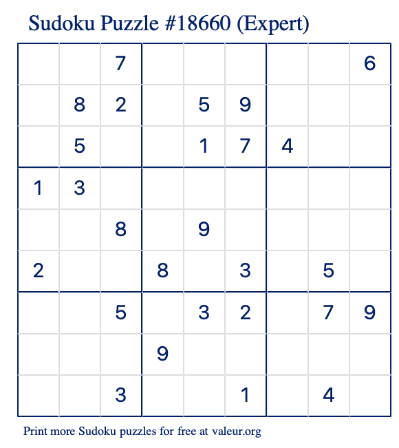 Free Printable Expert Sudoku Puzzle number 18660