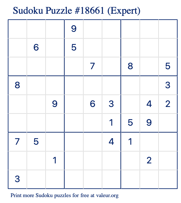 Free Printable Expert Sudoku Puzzle number 18661