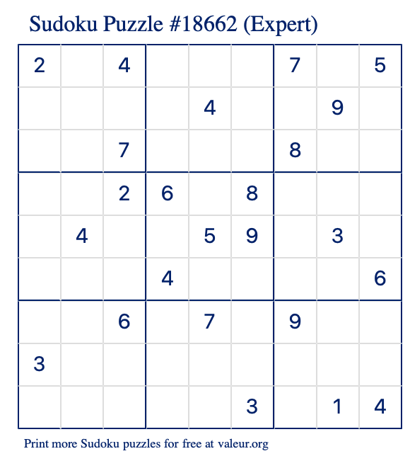Free Printable Expert Sudoku Puzzle number 18662