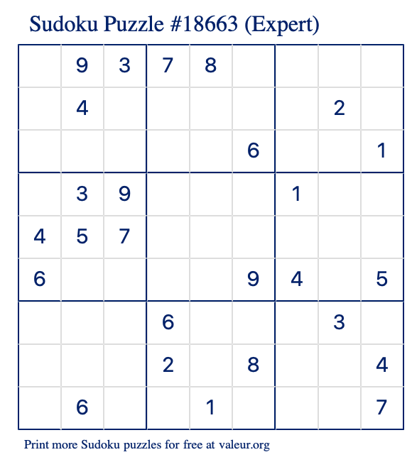 Free Printable Expert Sudoku Puzzle number 18663
