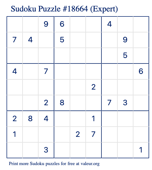Free Printable Expert Sudoku Puzzle number 18664