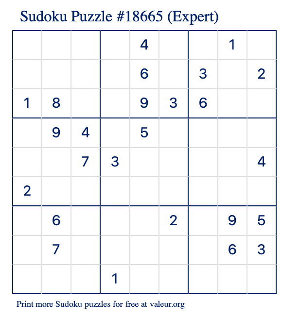 Free Printable Expert Sudoku Puzzle number 18665