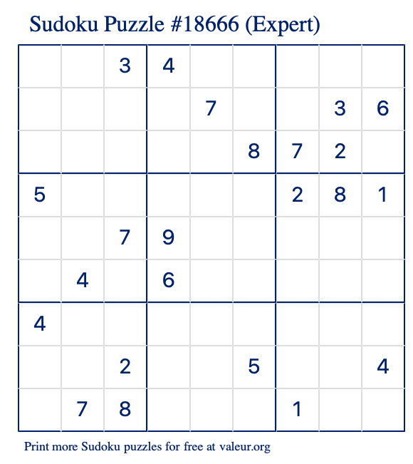 Free Printable Expert Sudoku Puzzle number 18666