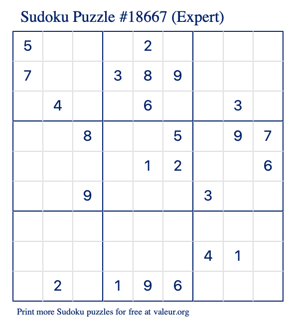 Free Printable Expert Sudoku Puzzle number 18667