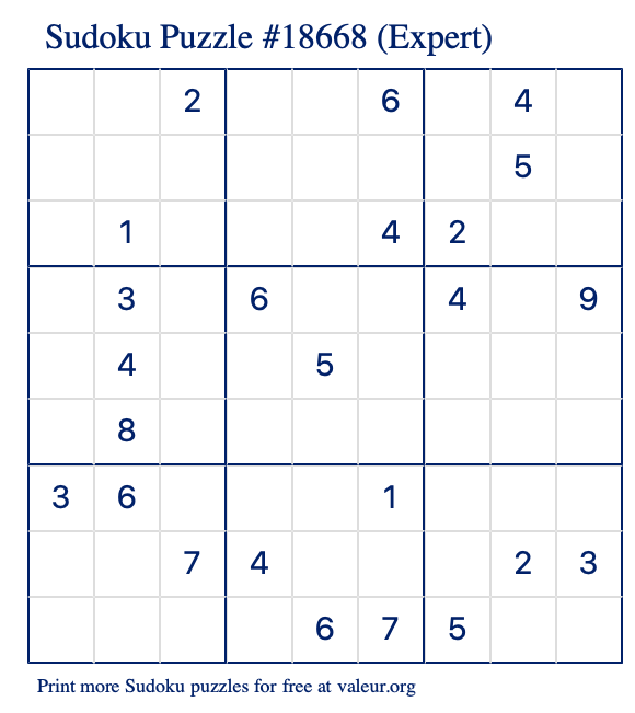 Free Printable Expert Sudoku Puzzle number 18668