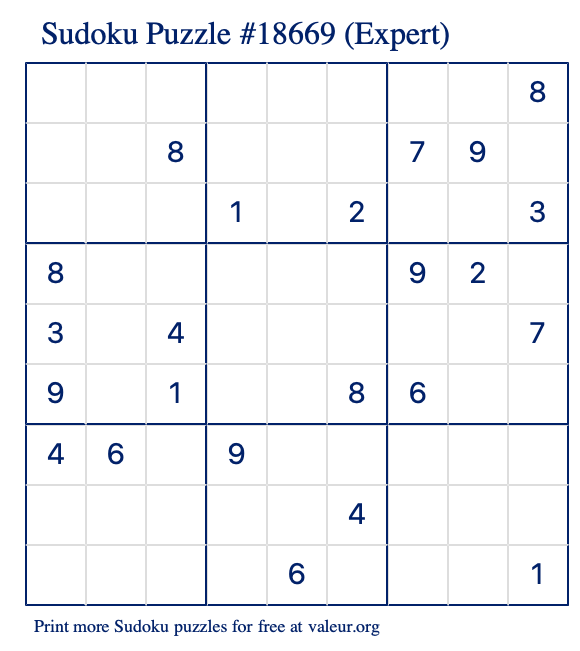 Free Printable Expert Sudoku Puzzle number 18669