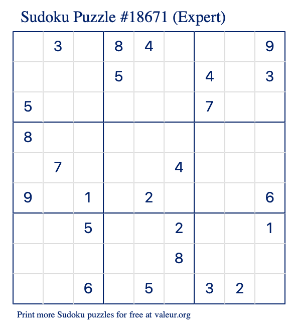 Free Printable Expert Sudoku Puzzle number 18671