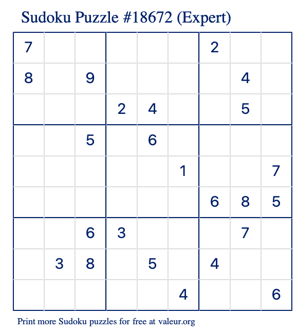 Free Printable Expert Sudoku Puzzle number 18672