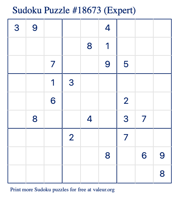 Free Printable Expert Sudoku Puzzle number 18673