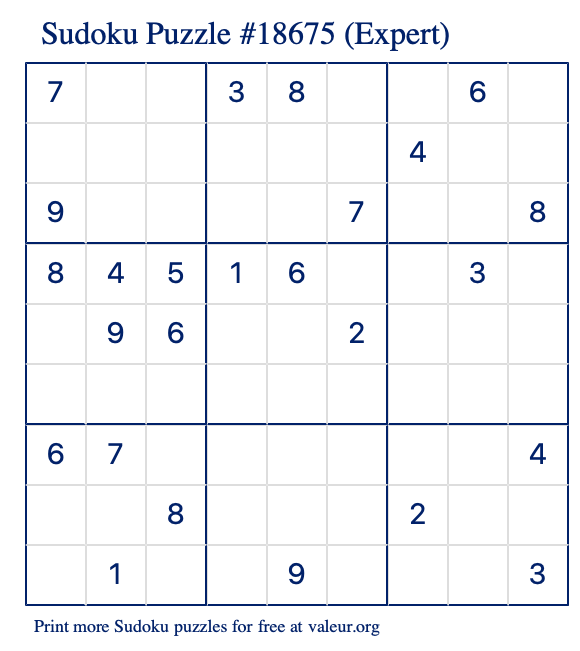 Free Printable Expert Sudoku Puzzle number 18675