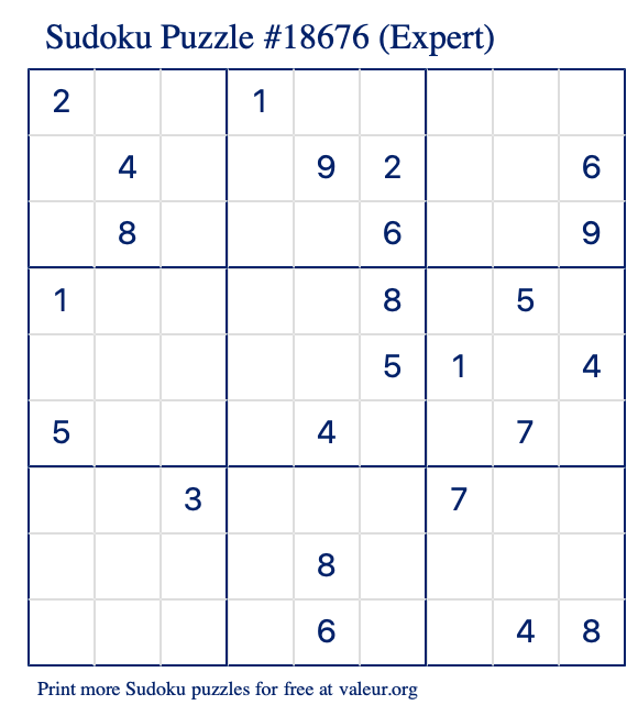 Free Printable Expert Sudoku Puzzle number 18676