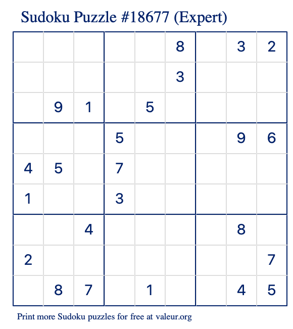 Free Printable Expert Sudoku Puzzle number 18677