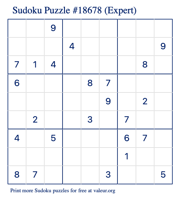 Free Printable Expert Sudoku Puzzle number 18678