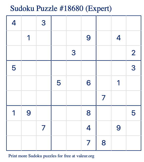 Free Printable Expert Sudoku Puzzle number 18680