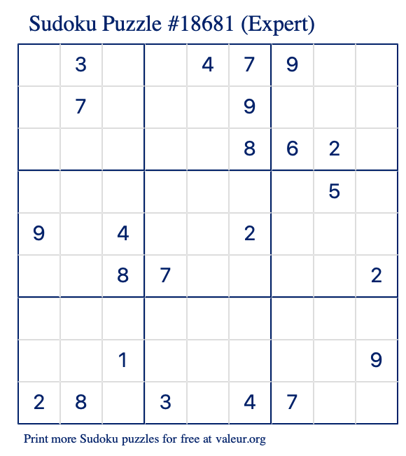 Free Printable Expert Sudoku Puzzle number 18681