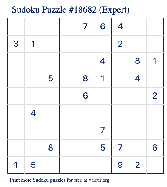 Free Printable Expert Sudoku Puzzle number 18682