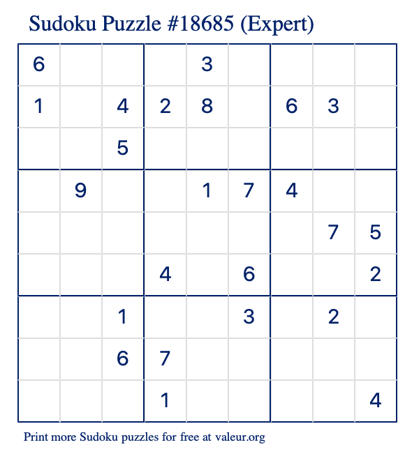 Free Printable Expert Sudoku Puzzle number 18685